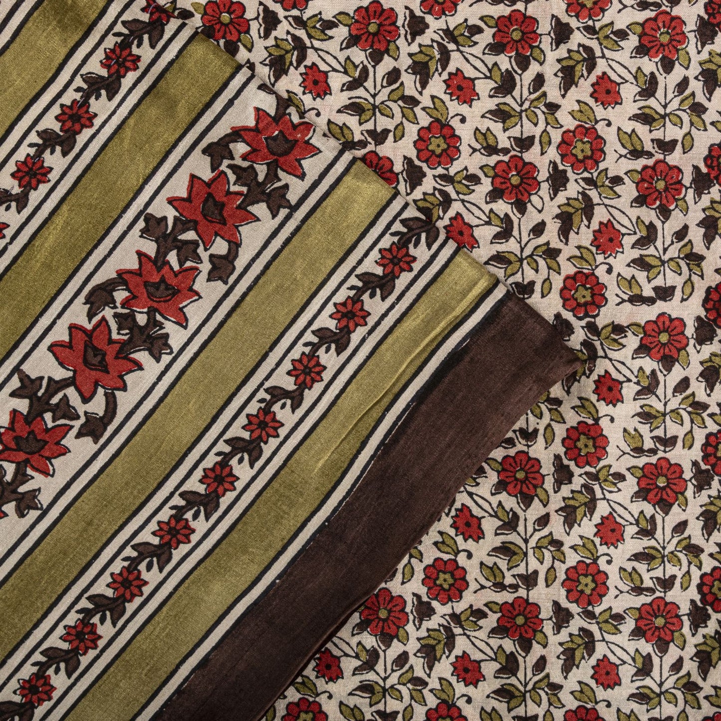 Sanskriti Vintage Saree White-Red Soft Pure Silk Floral Print Sari 5.5+Yd Fabric