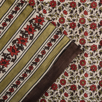 Sanskriti Vintage Saree White-Red Soft Pure Silk Floral Print Sari 5.5+Yd Fabric