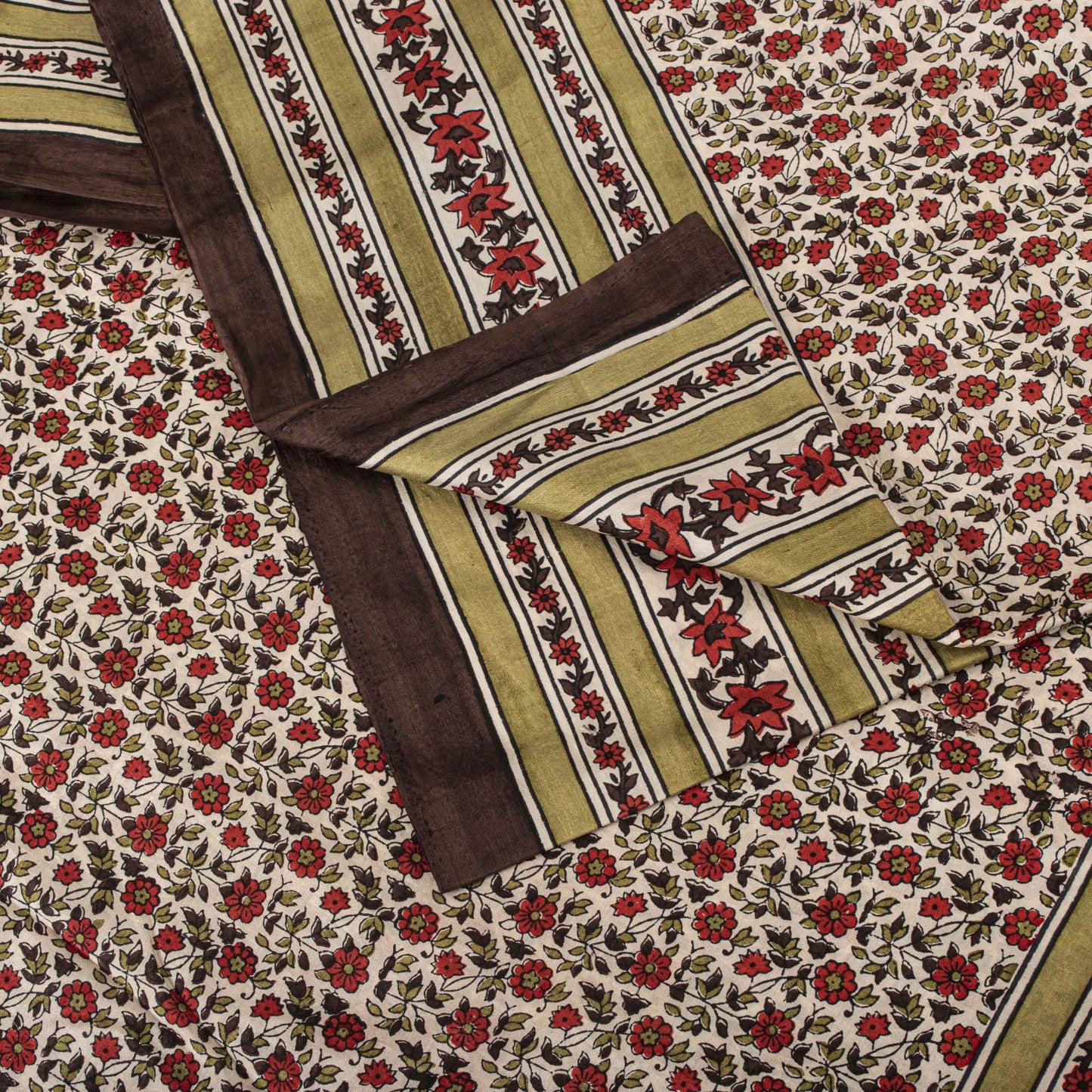 Sanskriti Vintage Saree White-Red Soft Pure Silk Floral Print Sari 5.5+Yd Fabric