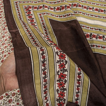 Sanskriti Vintage Saree White-Red Soft Pure Silk Floral Print Sari 5.5+Yd Fabric