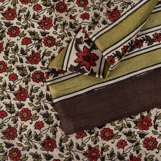 Sanskriti Vintage Saree White-Red Soft Pure Silk Floral Print Sari 5.5+Yd Fabric