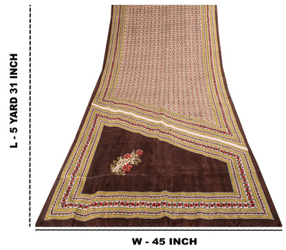 Sanskriti Vintage Saree White-Red Soft Pure Silk Floral Print Sari 5.5+Yd Fabric