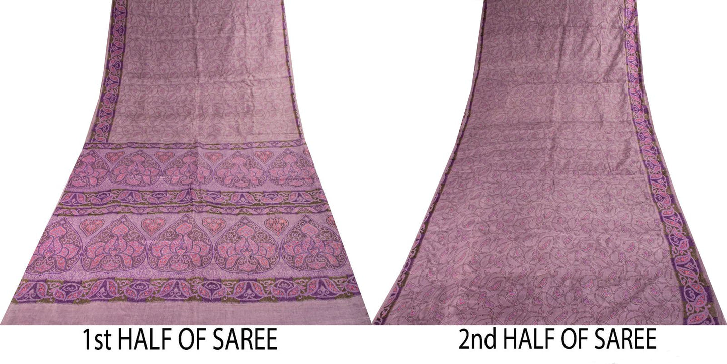 Sanskriti Vintage Saree Purple Soft 100% Pure Silk Floral Print Sari 6+Yd Fabric