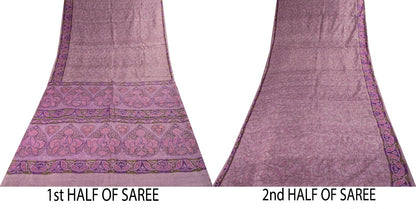 Sanskriti Vintage Saree Purple Soft 100% Pure Silk Floral Print Sari 6+Yd Fabric