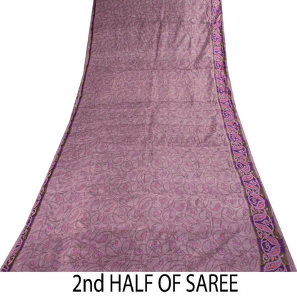 Sanskriti Vintage Saree Purple Soft 100% Pure Silk Floral Print Sari 6+Yd Fabric