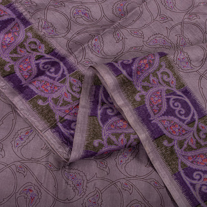 Sanskriti Vintage Saree Purple Soft 100% Pure Silk Floral Print Sari 6+Yd Fabric