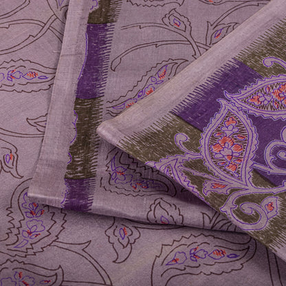 Sanskriti Vintage Saree Purple Soft 100% Pure Silk Floral Print Sari 6+Yd Fabric