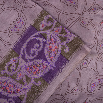Sanskriti Vintage Saree Purple Soft 100% Pure Silk Floral Print Sari 6+Yd Fabric
