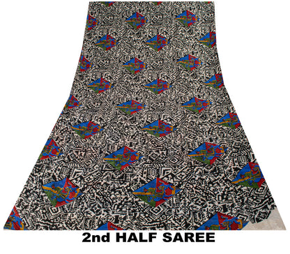 Sanskriti Vintage Saree Black-White Soft 100% Pure Silk Printed Sari 6+Yd Fabric