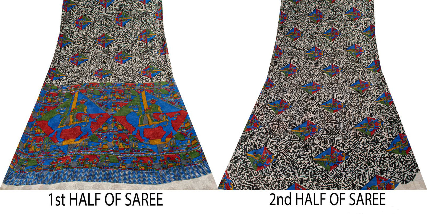 Sanskriti Vintage Saree Black-White Soft 100% Pure Silk Printed Sari 6+Yd Fabric