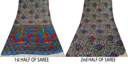 Sanskriti Vintage Saree Black-White Soft 100% Pure Silk Printed Sari 6+Yd Fabric