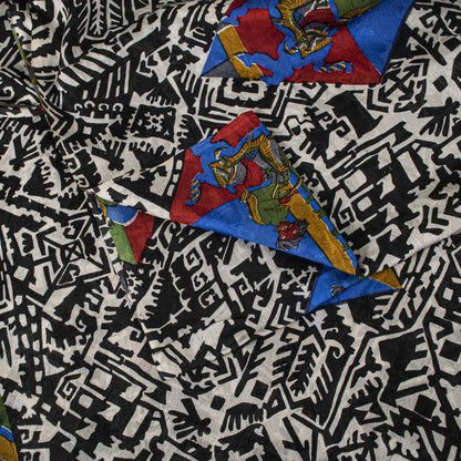 Sanskriti Vintage Saree Black-White Soft 100% Pure Silk Printed Sari 6+Yd Fabric
