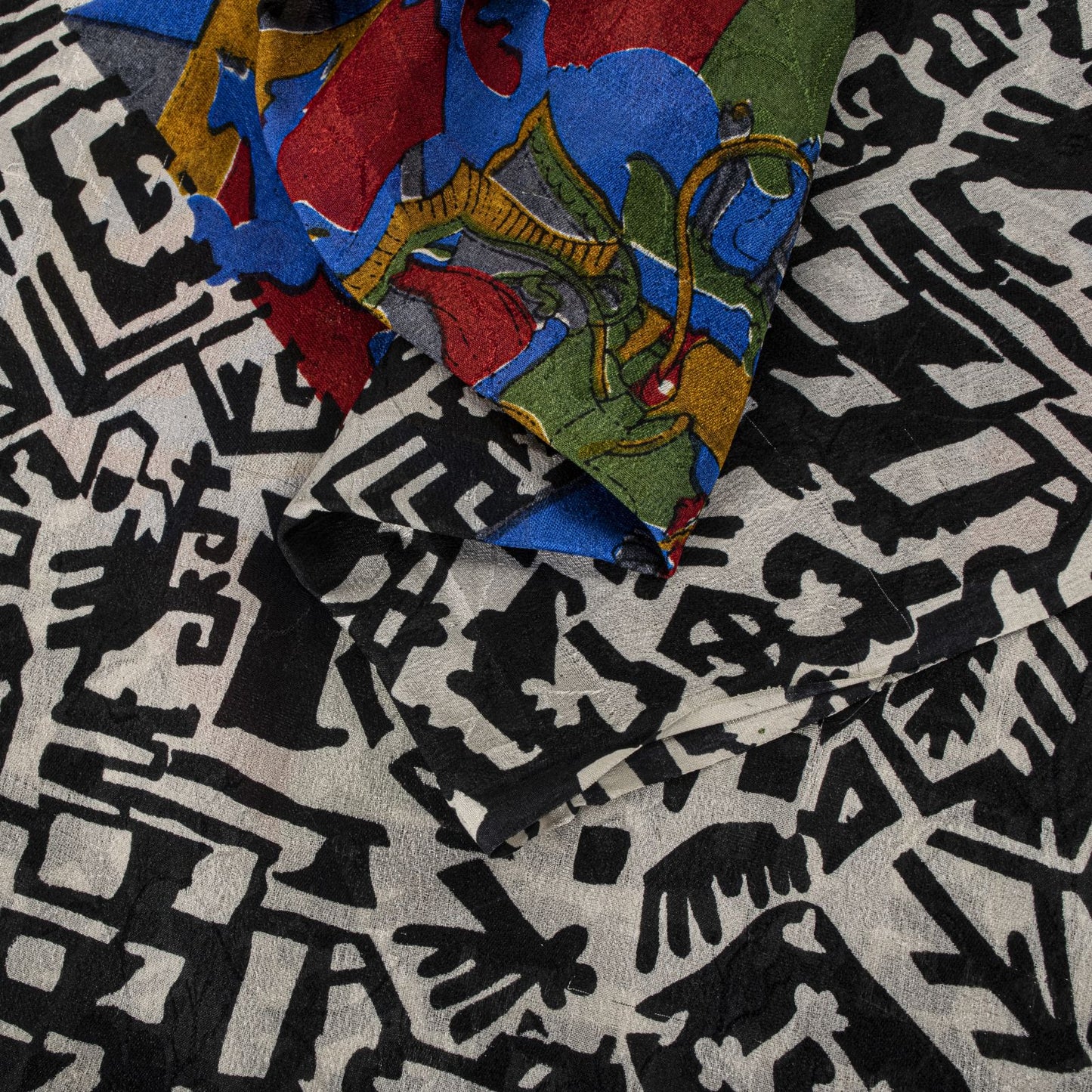 Sanskriti Vintage Saree Black-White Soft 100% Pure Silk Printed Sari 6+Yd Fabric