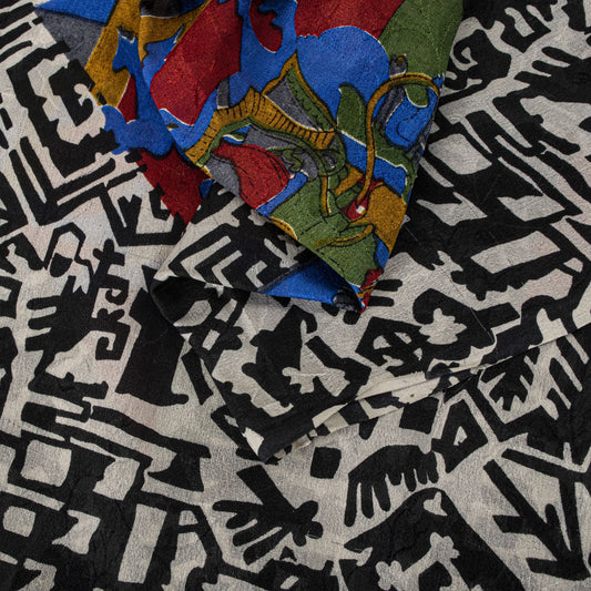 Sanskriti Vintage Saree Black-White Soft 100% Pure Silk Printed Sari 6+Yd Fabric