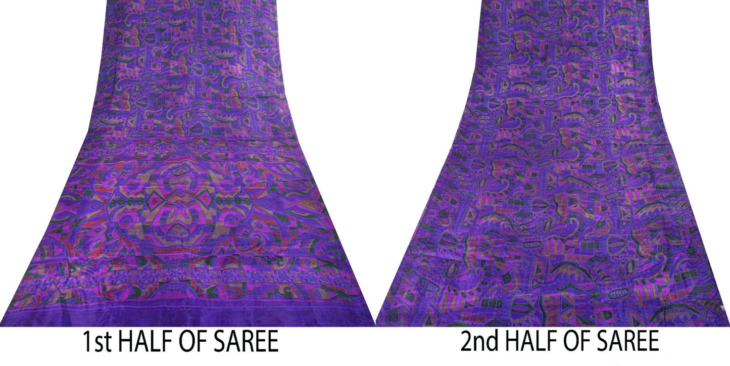 Sanskriti Vintage Saree Purple Soft Pure Silk Abstract Print Sari 5.5+Yd Fabric
