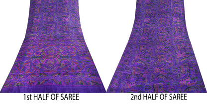 Sanskriti Vintage Saree Purple Soft Pure Silk Abstract Print Sari 5.5+Yd Fabric