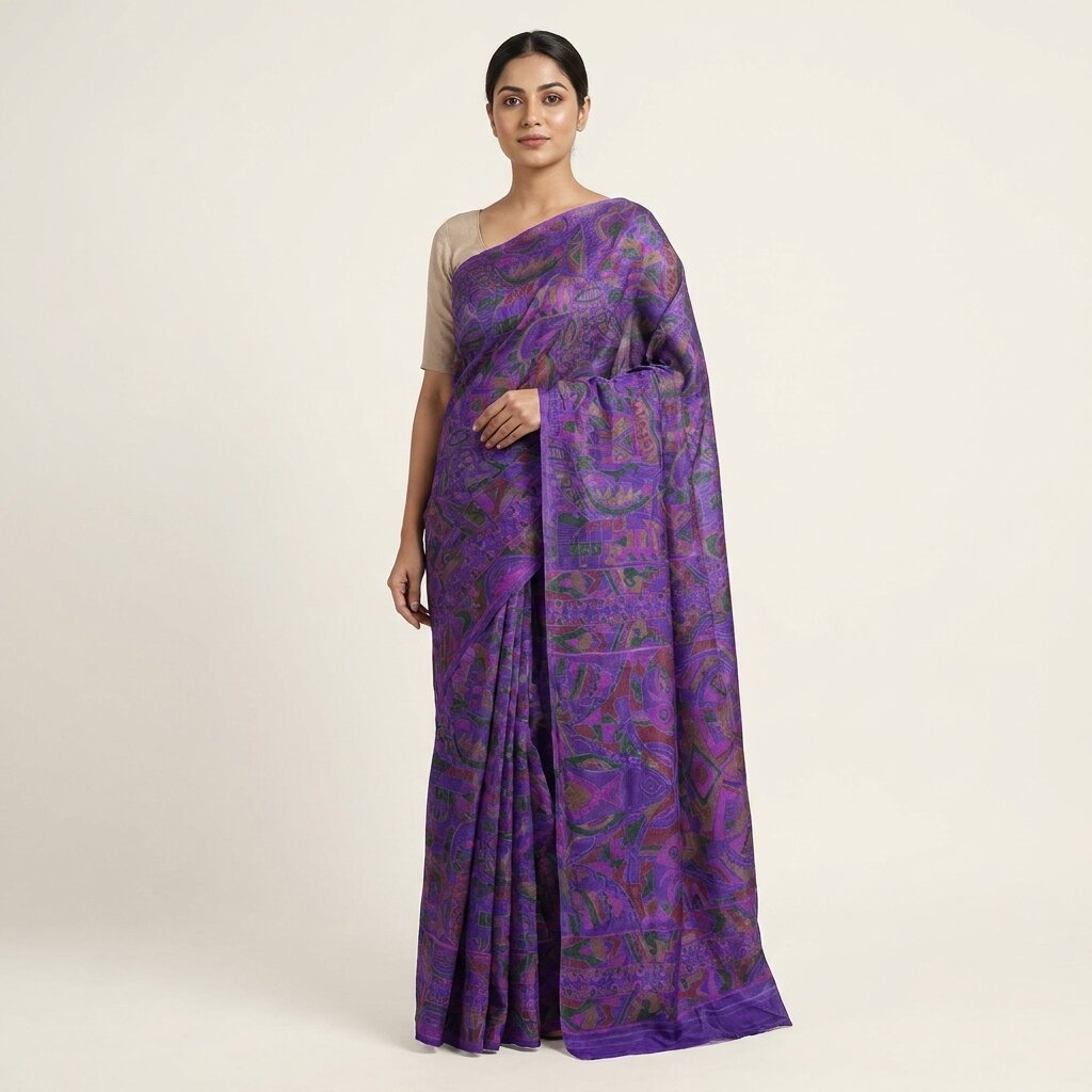 Sanskriti Vintage Saree Purple Soft Pure Silk Abstract Print Sari 5.5+Yd Fabric