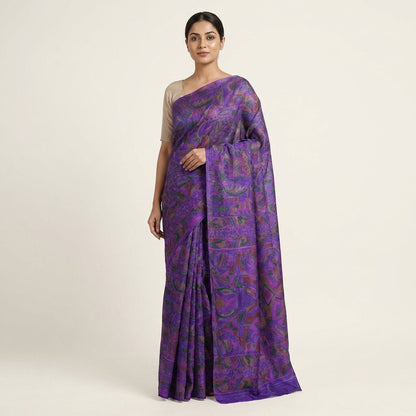 Sanskriti Vintage Saree Purple Soft Pure Silk Abstract Print Sari 5.5+Yd Fabric