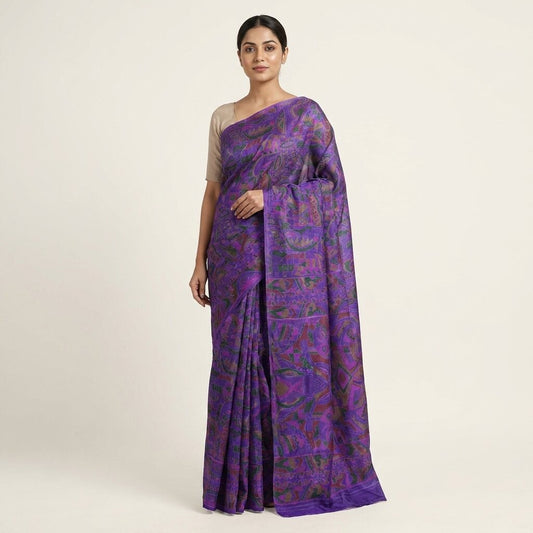 Sanskriti Vintage Saree Purple Soft Pure Silk Abstract Print Sari 5.5+Yd Fabric
