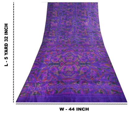 Sanskriti Vintage Saree Purple Soft Pure Silk Abstract Print Sari 5.5+Yd Fabric