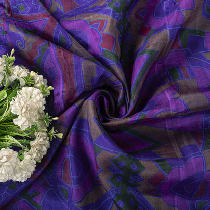 Sanskriti Vintage Saree Purple Soft Pure Silk Abstract Print Sari 5.5+Yd Fabric
