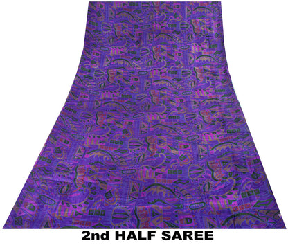Sanskriti Vintage Saree Purple Soft Pure Silk Abstract Print Sari 5.5+Yd Fabric