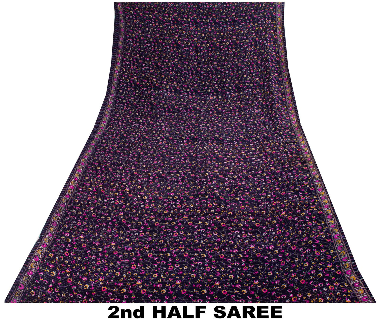 Sanskriti Vintage Saree Blue-Pink Pure Silk Floral Printed Sari 5.5+Yard Fabric