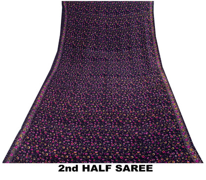 Sanskriti Vintage Saree Blue-Pink Pure Silk Floral Printed Sari 5.5+Yard Fabric