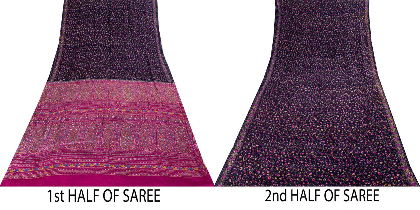Sanskriti Vintage Saree Blue-Pink Pure Silk Floral Printed Sari 5.5+Yard Fabric