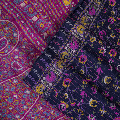 Sanskriti Vintage Saree Blue-Pink Pure Silk Floral Printed Sari 5.5+Yard Fabric
