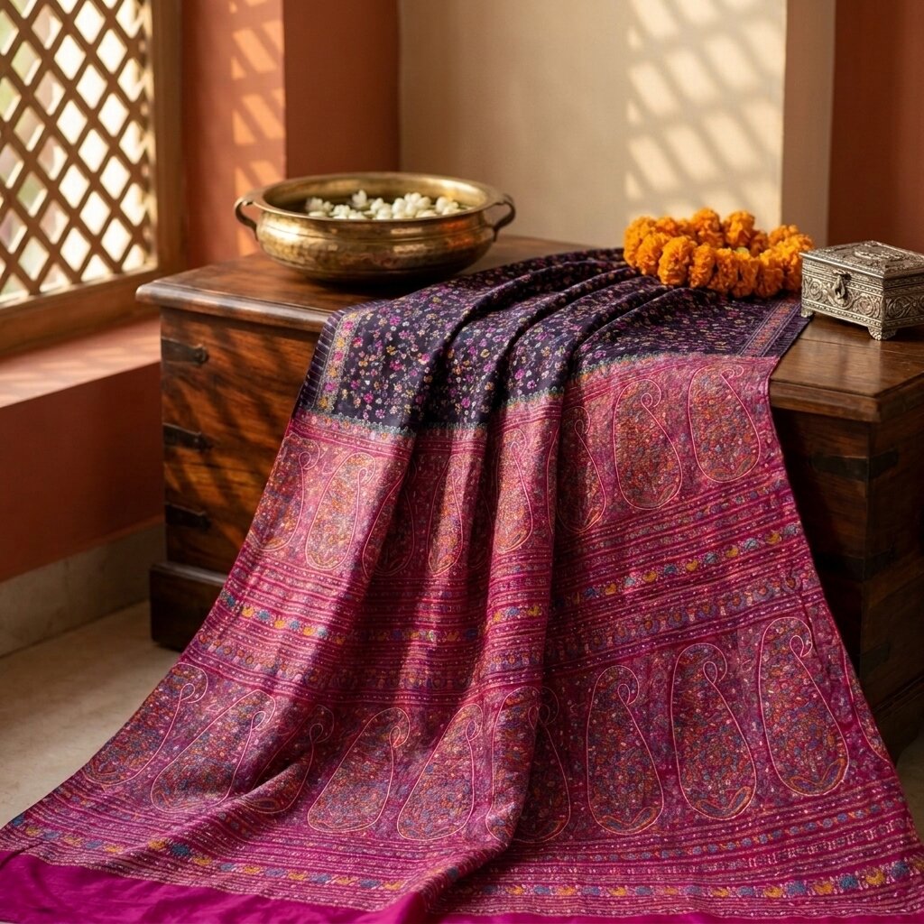Sanskriti Vintage Saree Blue-Pink Pure Silk Floral Printed Sari 5.5+Yard Fabric