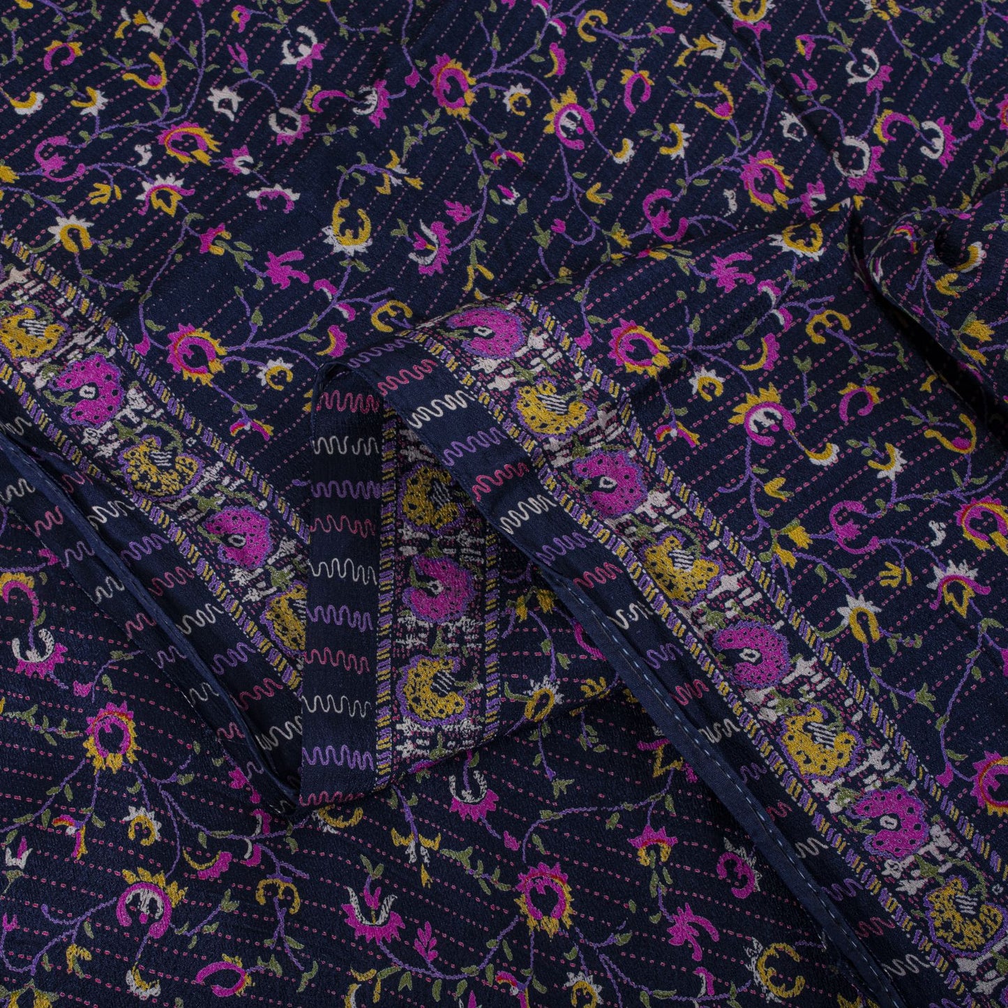 Sanskriti Vintage Saree Blue-Pink Pure Silk Floral Printed Sari 5.5+Yard Fabric