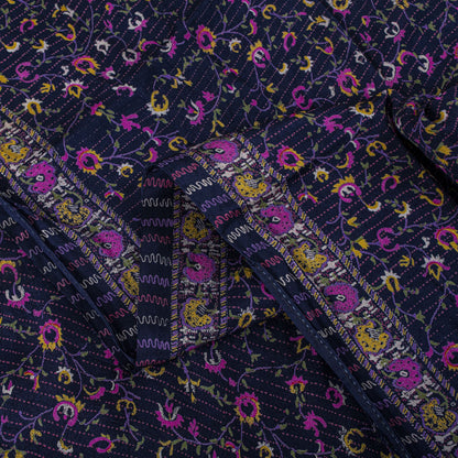 Sanskriti Vintage Saree Blue-Pink Pure Silk Floral Printed Sari 5.5+Yard Fabric