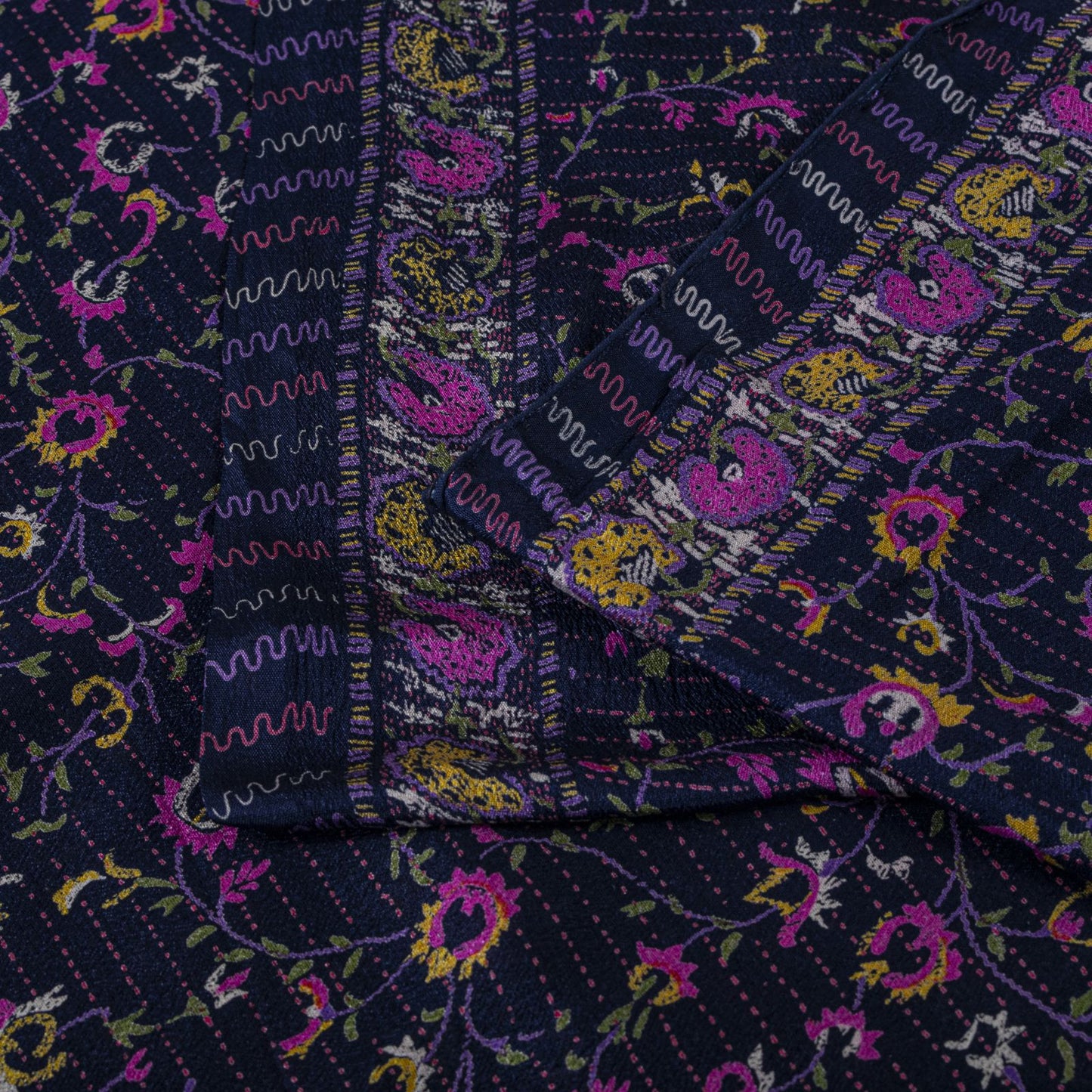 Sanskriti Vintage Saree Blue-Pink Pure Silk Floral Printed Sari 5.5+Yard Fabric
