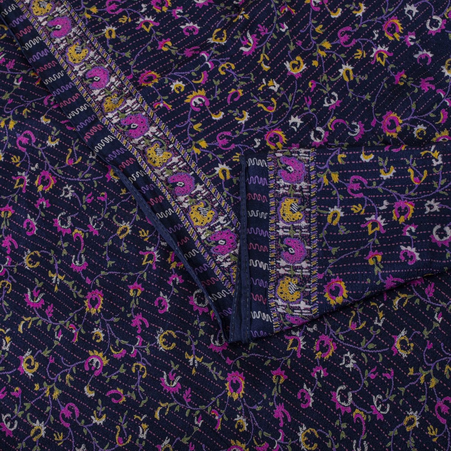 Sanskriti Vintage Saree Blue-Pink Pure Silk Floral Printed Sari 5.5+Yard Fabric