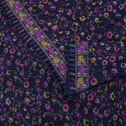Sanskriti Vintage Saree Blue-Pink Pure Silk Floral Printed Sari 5.5+Yard Fabric