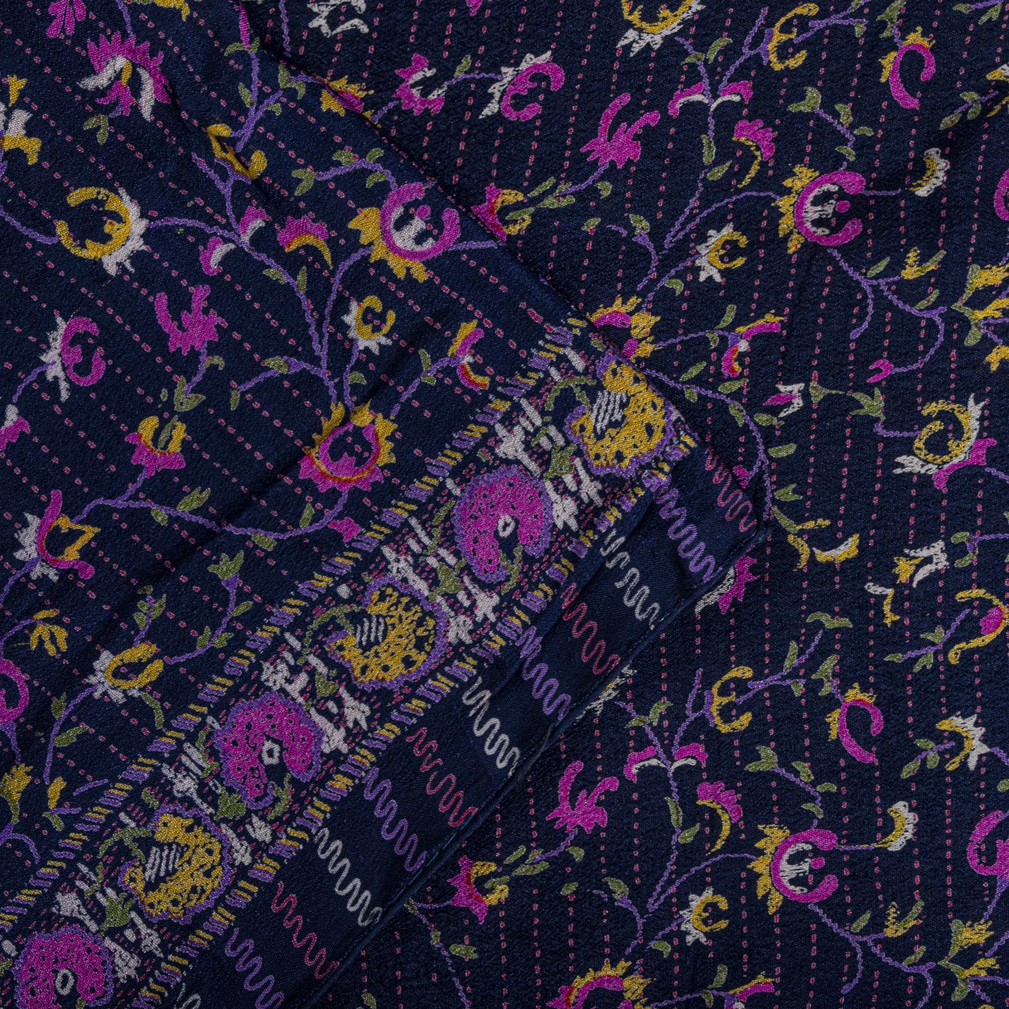 Sanskriti Vintage Saree Blue-Pink Pure Silk Floral Printed Sari 5.5+Yard Fabric