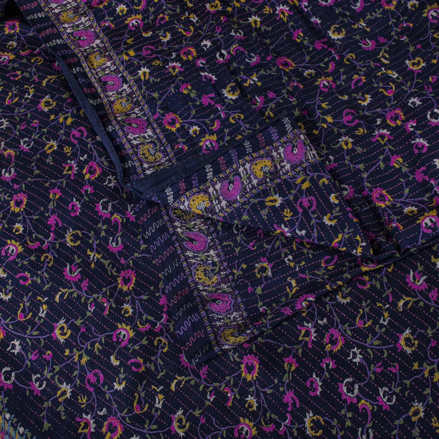 Sanskriti Vintage Saree Blue-Pink Pure Silk Floral Printed Sari 5.5+Yard Fabric