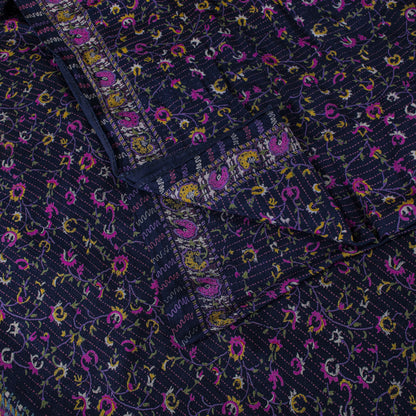 Sanskriti Vintage Saree Blue-Pink Pure Silk Floral Printed Sari 5.5+Yard Fabric