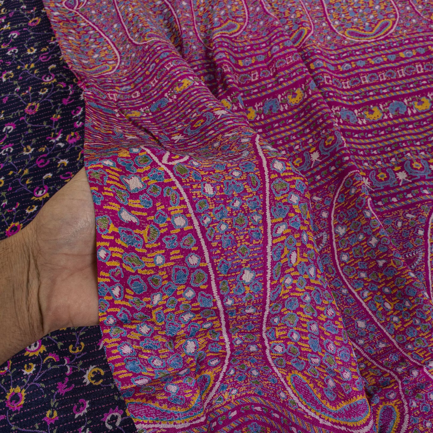 Sanskriti Vintage Saree Blue-Pink Pure Silk Floral Printed Sari 5.5+Yard Fabric