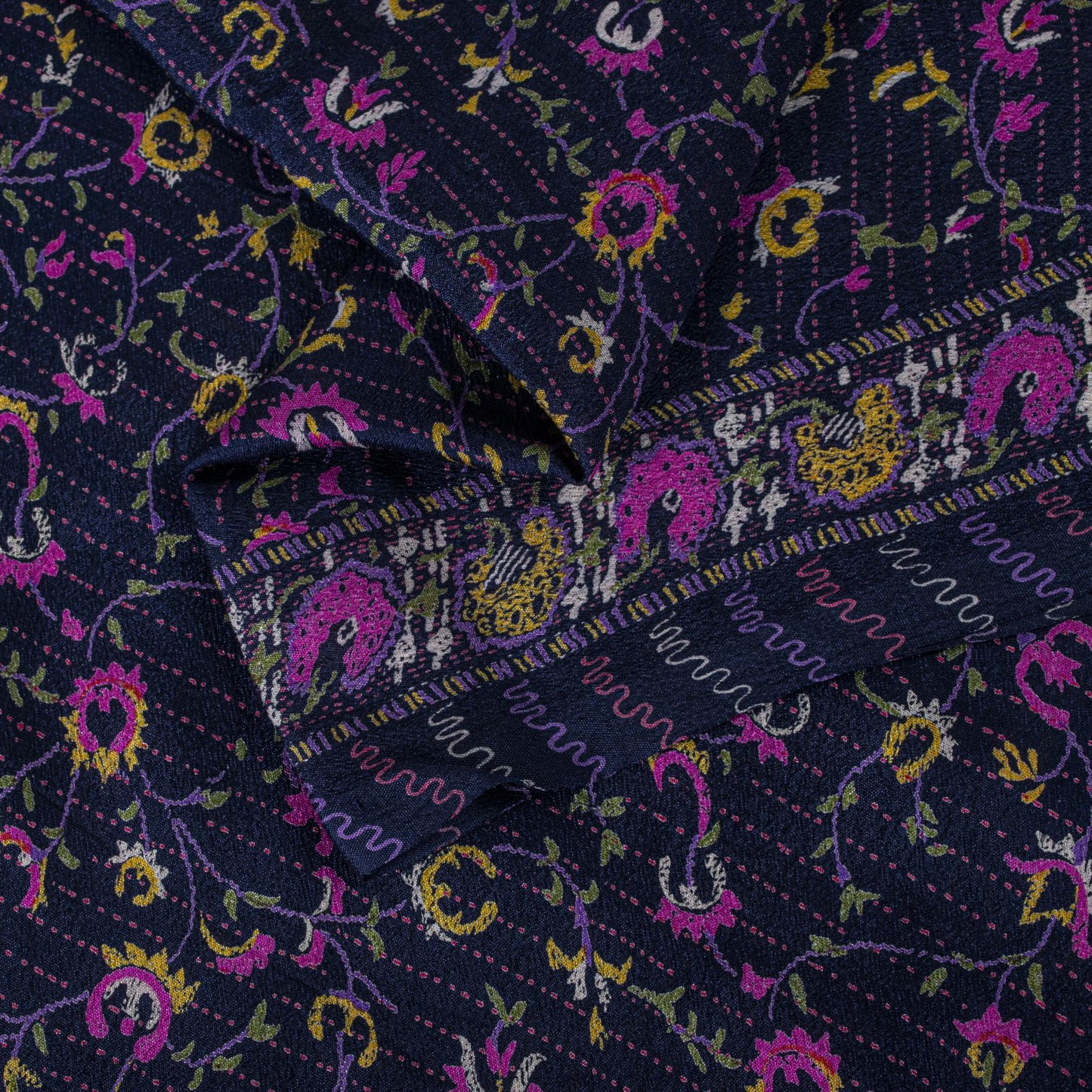 Sanskriti Vintage Saree Blue-Pink Pure Silk Floral Printed Sari 5.5+Yard Fabric