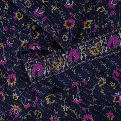 Sanskriti Vintage Saree Blue-Pink Pure Silk Floral Printed Sari 5.5+Yard Fabric