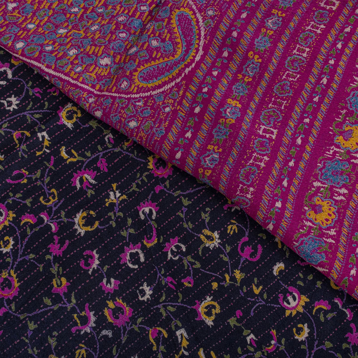Sanskriti Vintage Saree Blue-Pink Pure Silk Floral Printed Sari 5.5+Yard Fabric