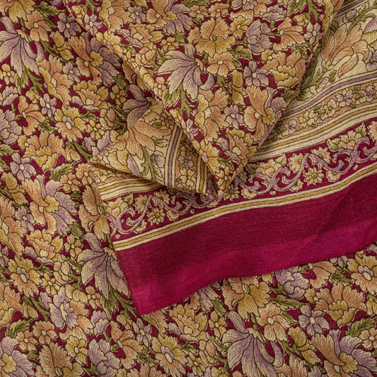 Sanskriti Vintage Saree Pink Soft 100% Pure Silk Floral Print Sari 6+Yd Fabric