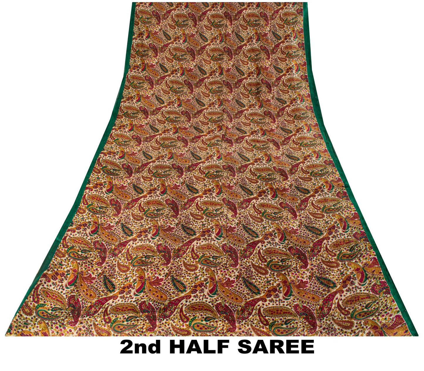 Sanskriti Vintage Saree Ivory-Green Soft 100% Pure Silk Print Sari 5.5+Yd Fabric