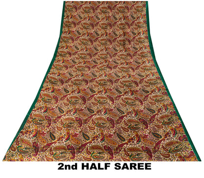 Sanskriti Vintage Saree Ivory-Green Soft 100% Pure Silk Print Sari 5.5+Yd Fabric