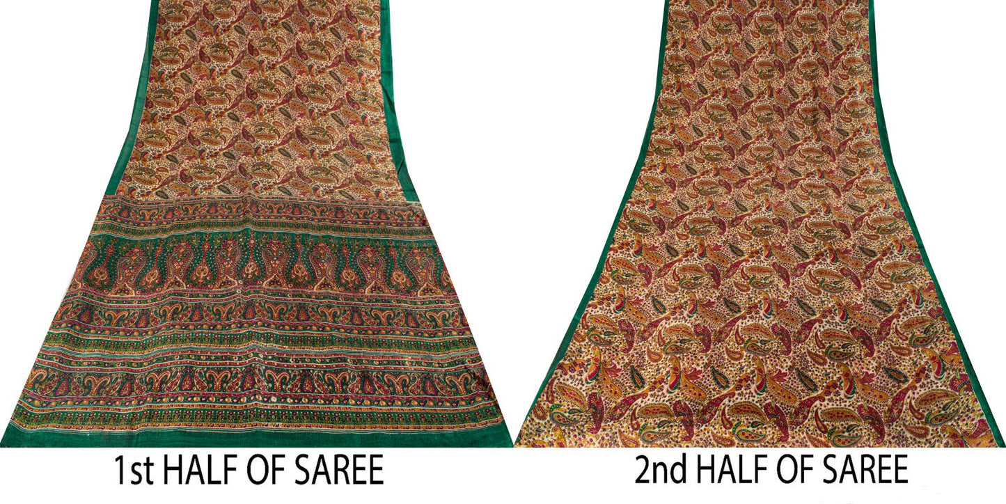 Sanskriti Vintage Saree Ivory-Green Soft 100% Pure Silk Print Sari 5.5+Yd Fabric