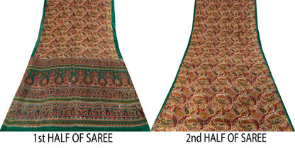 Sanskriti Vintage Saree Ivory-Green Soft 100% Pure Silk Print Sari 5.5+Yd Fabric