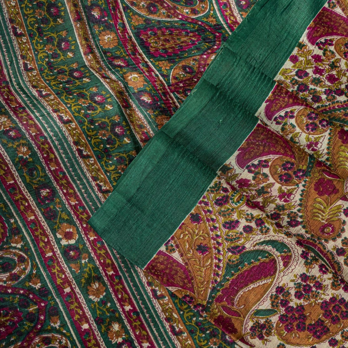 Sanskriti Vintage Saree Ivory-Green Soft 100% Pure Silk Print Sari 5.5+Yd Fabric