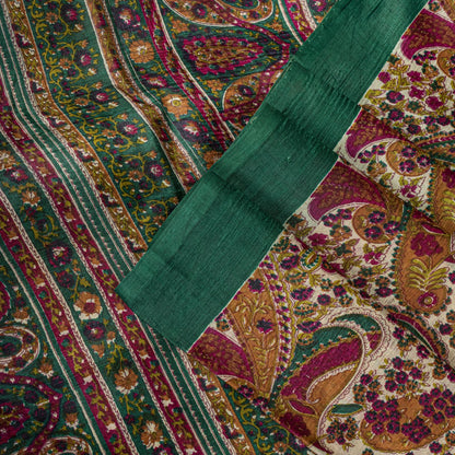 Sanskriti Vintage Saree Ivory-Green Soft 100% Pure Silk Print Sari 5.5+Yd Fabric